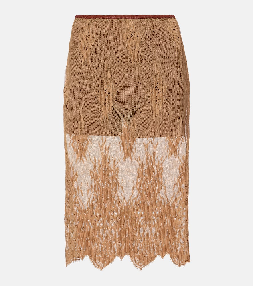 Layered leather-trimmed lace midi skirt