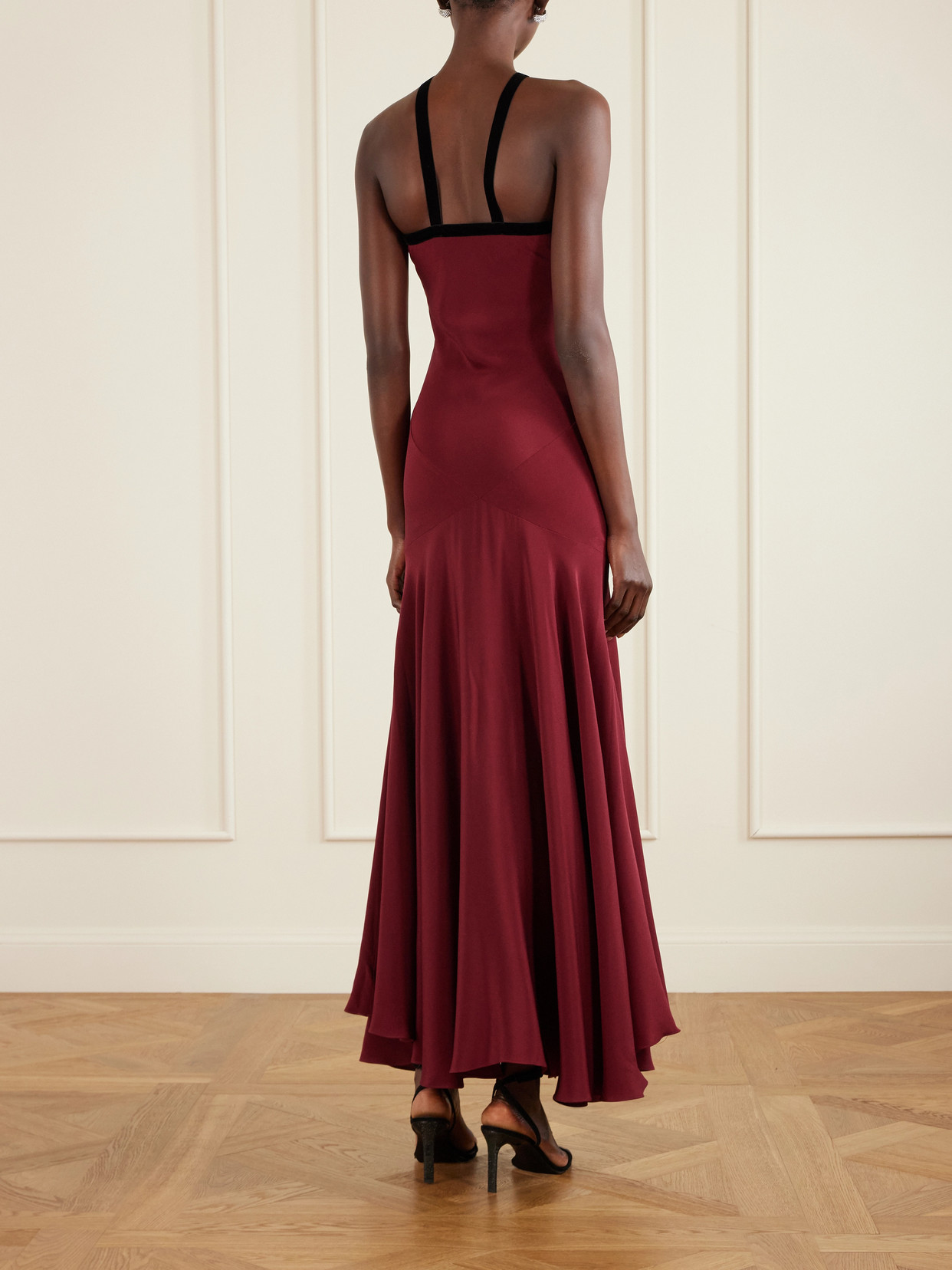 Bow-detailed Velvet-trimmed Silk-crepe Gown - Burgundy