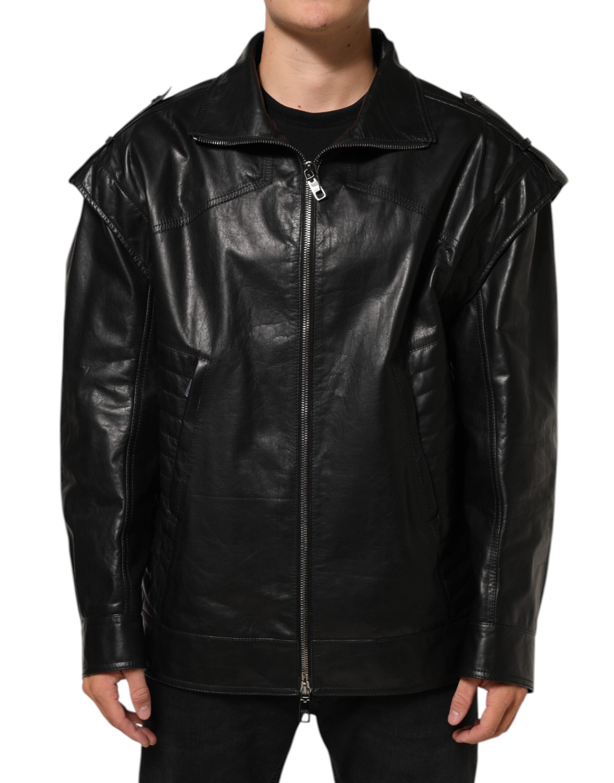 Leather Biker Blouson Jacket — Black