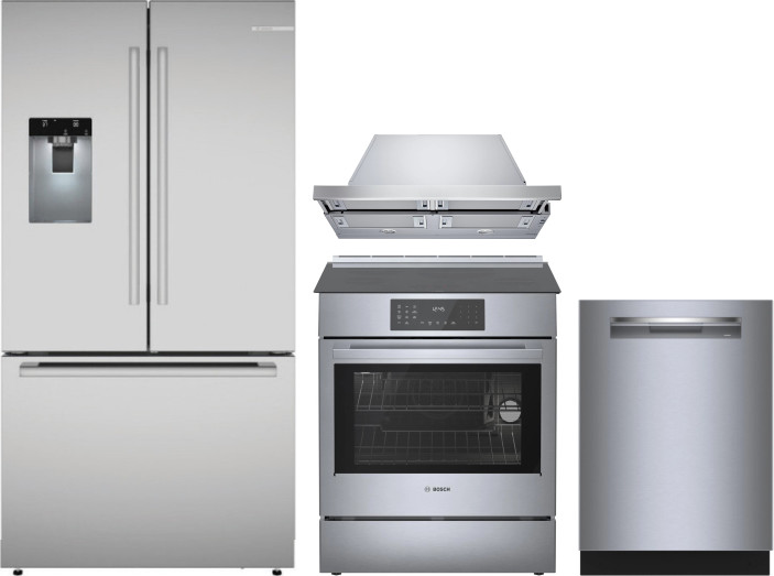 Bosch 4 Piece Kitchen Appliances Package with French Door Refrigerator, Induction Range and Dishwasher in Stainless Steel BORERADWRH