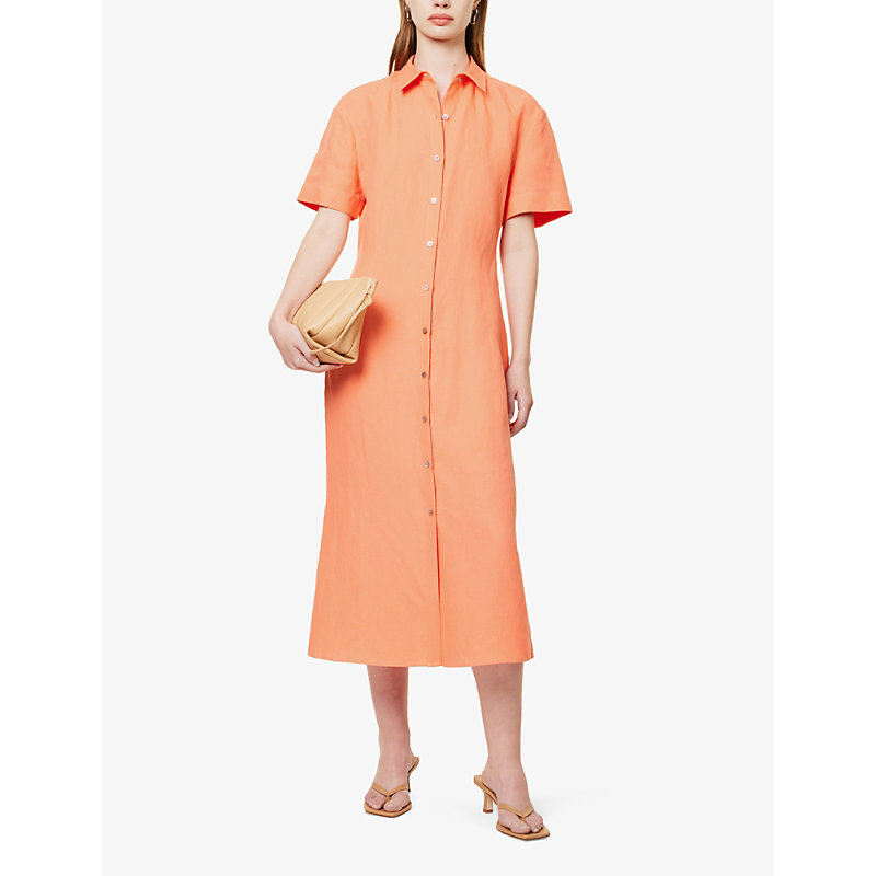 Womens Bright Coral Collar Linen Midi Dress
