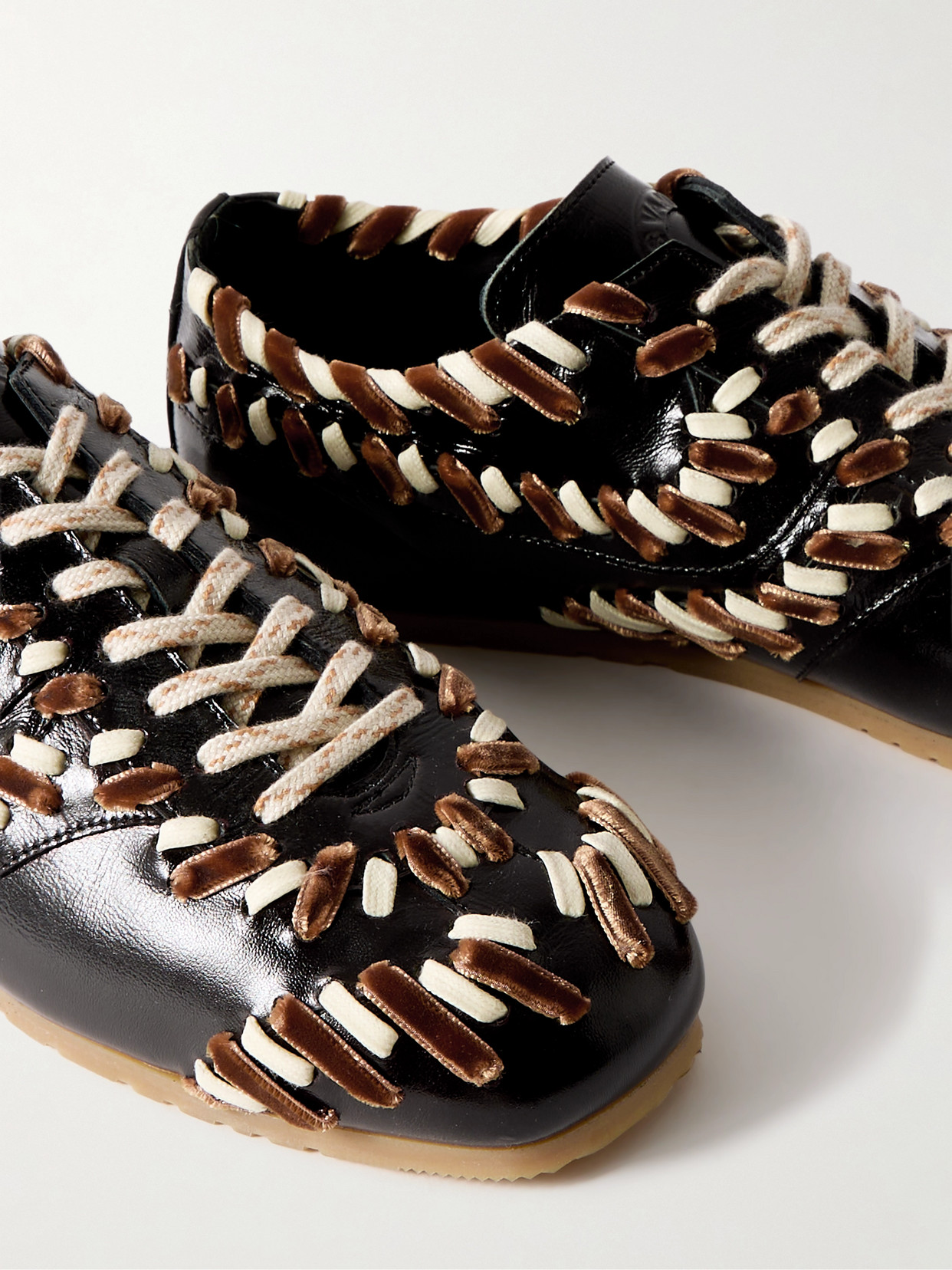 Cord And Velvet-trimmed Glossed-leather Sneakers - Brown