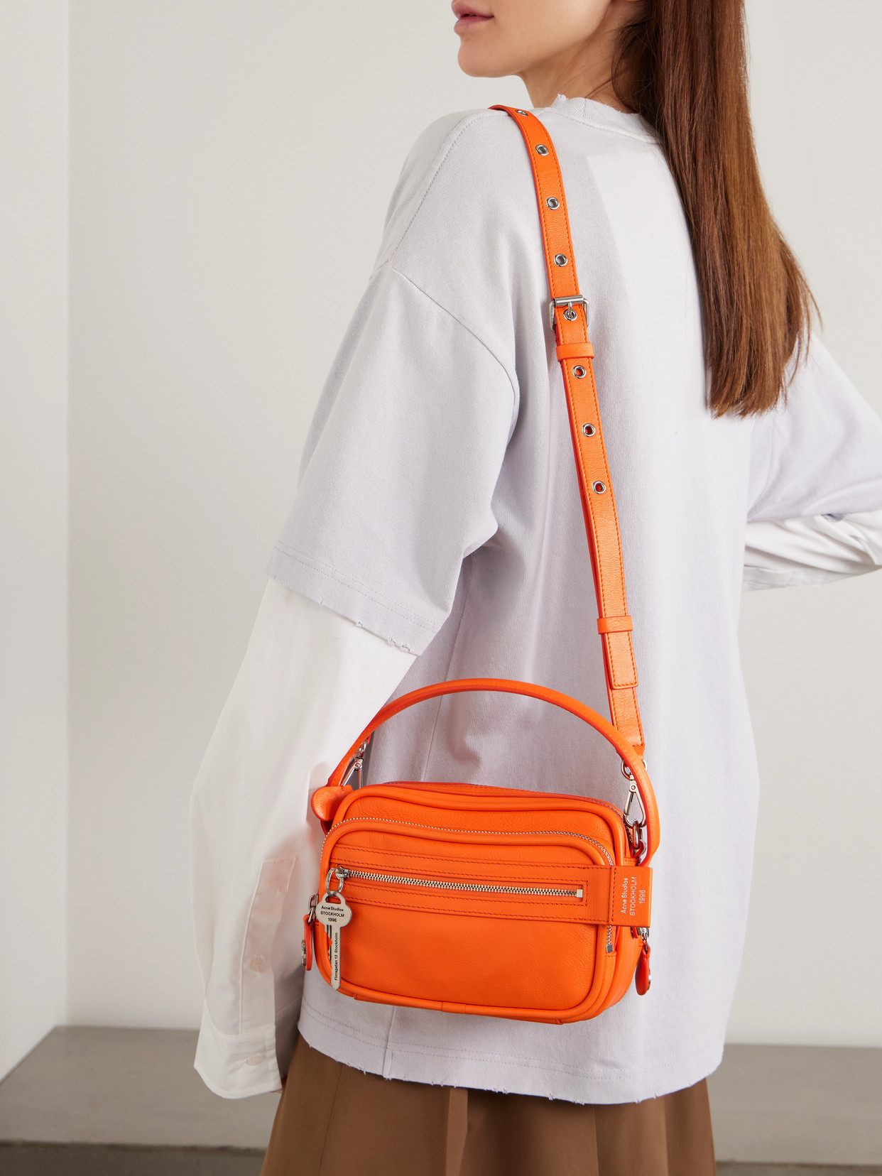 Embellished Textured-leather Shoulder Bag - Orange
