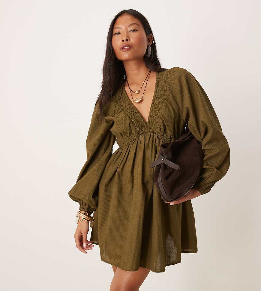 Nobody's Child Petite Irene balloon sleeve boho mini dress in khaki-Green