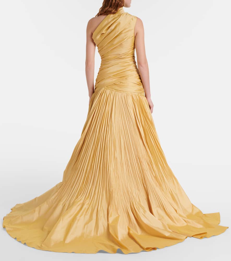 Draped one-shoulder taffeta gown