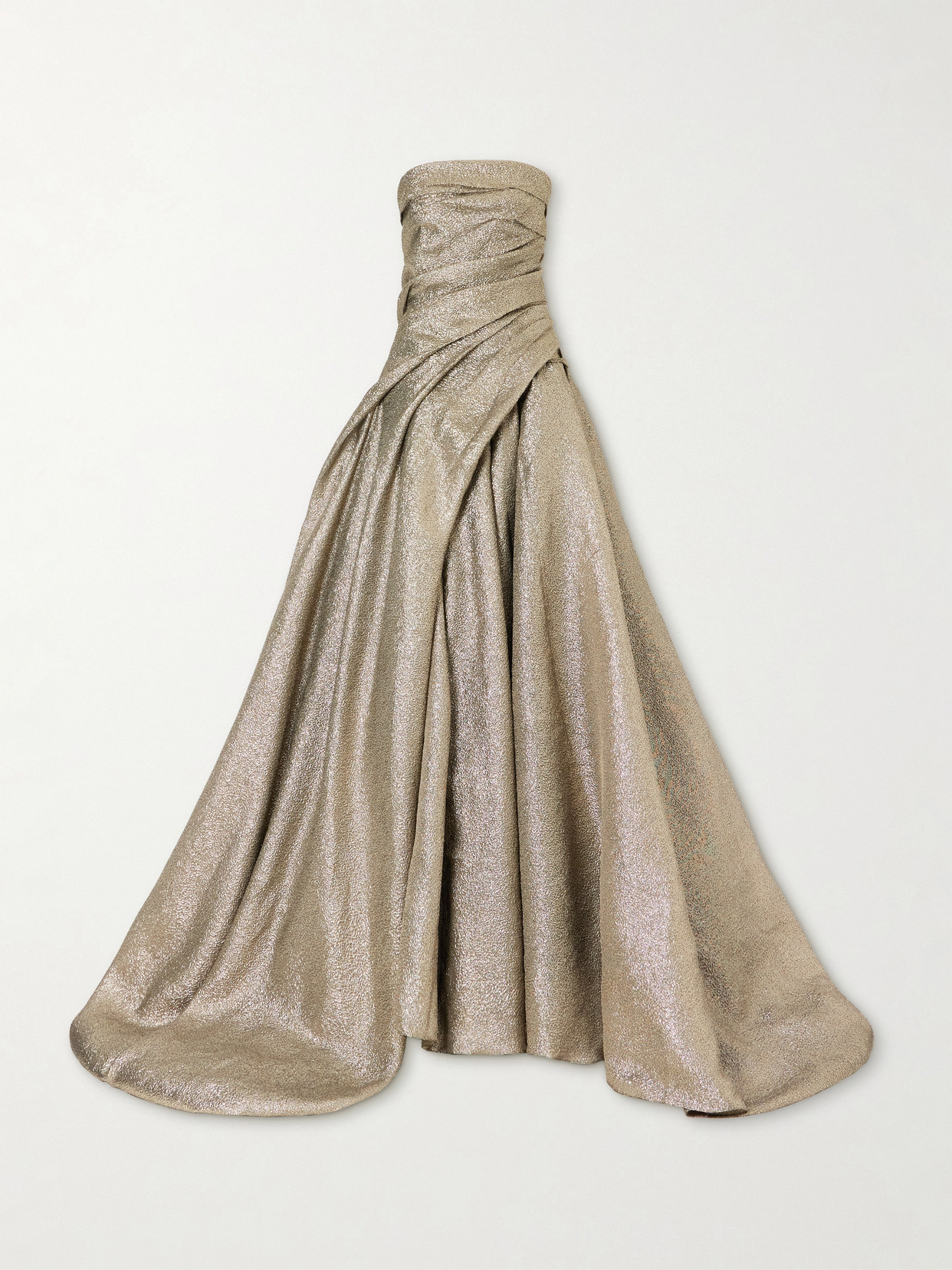 Off-the-shoulder Draped Brocade Gown - Gold