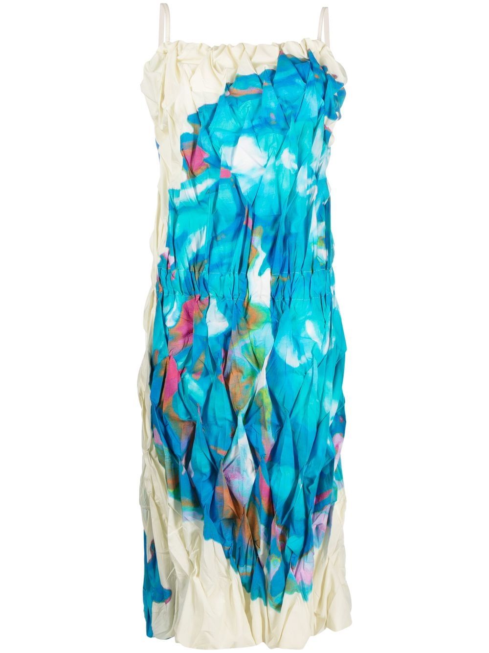 2000s abstract-print gathered midi dress - White