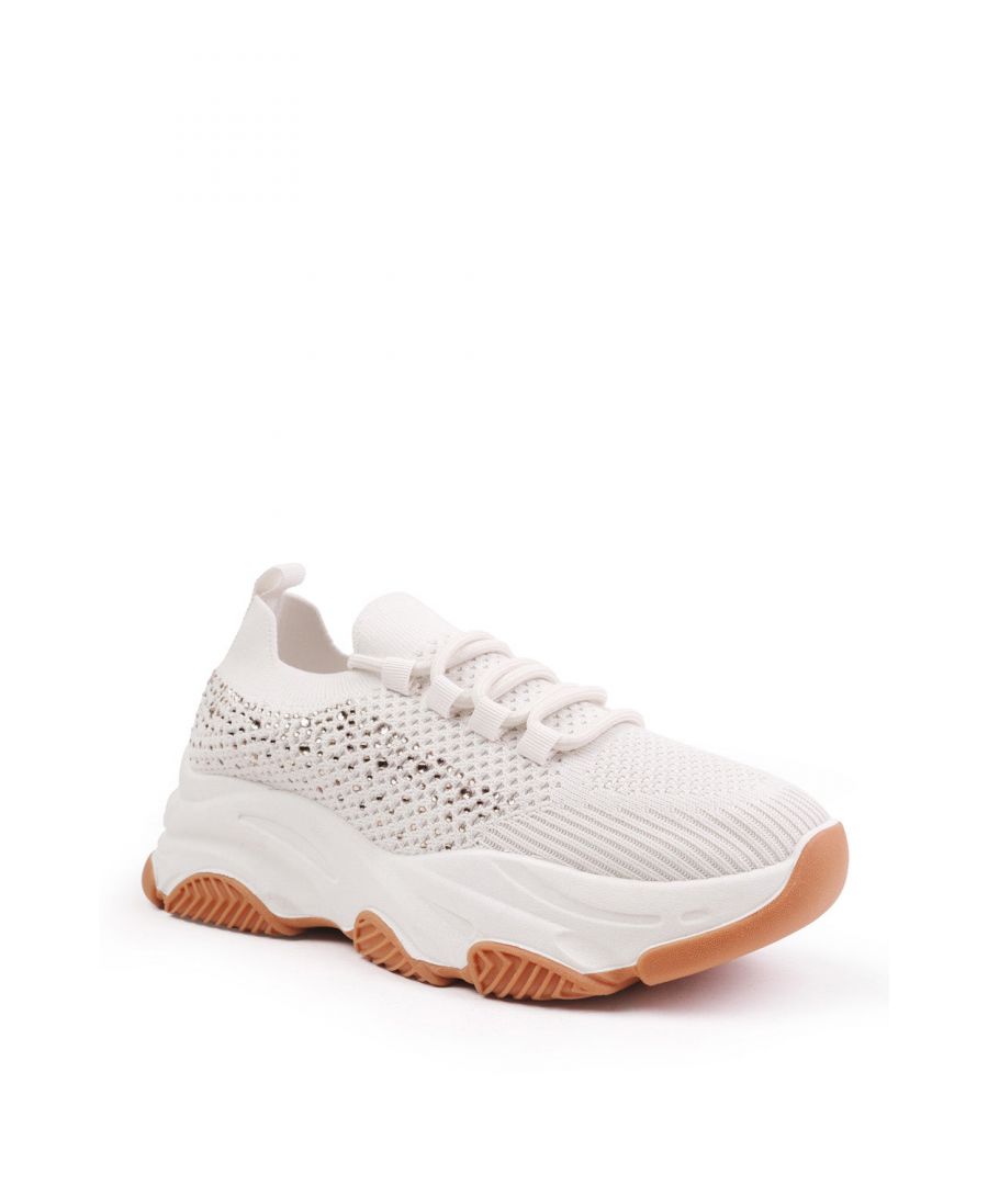 Where's That From Womens 'Advantage' Chunky Sole Mesh Knit Lace Up Trainers - Beige