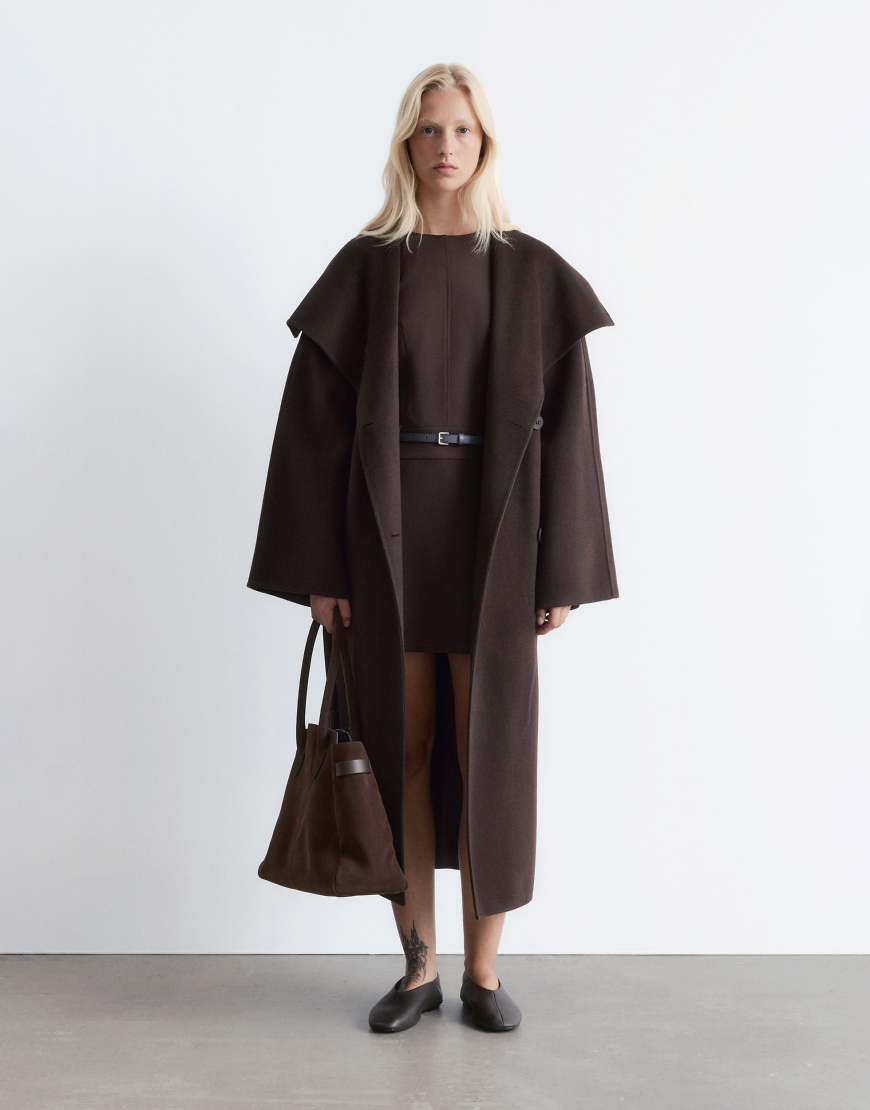 & wool belted maxi coat with funnel neck in brown
