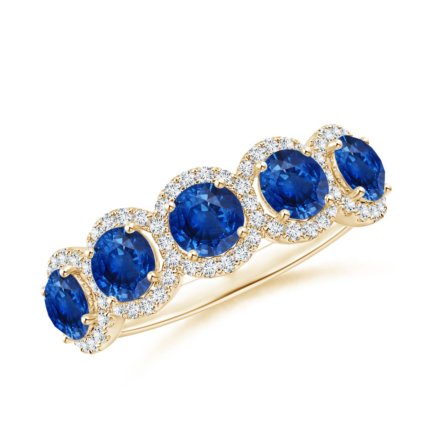 Angara 1.65 Carats Half Eternity Five-Stone Sapphire Halo Ring in 18K Yellow Gold