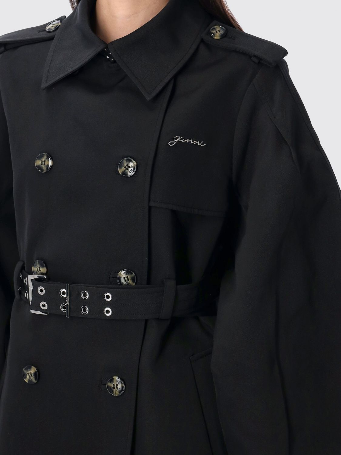 GANNI balloon-sleeve trench coat - Black