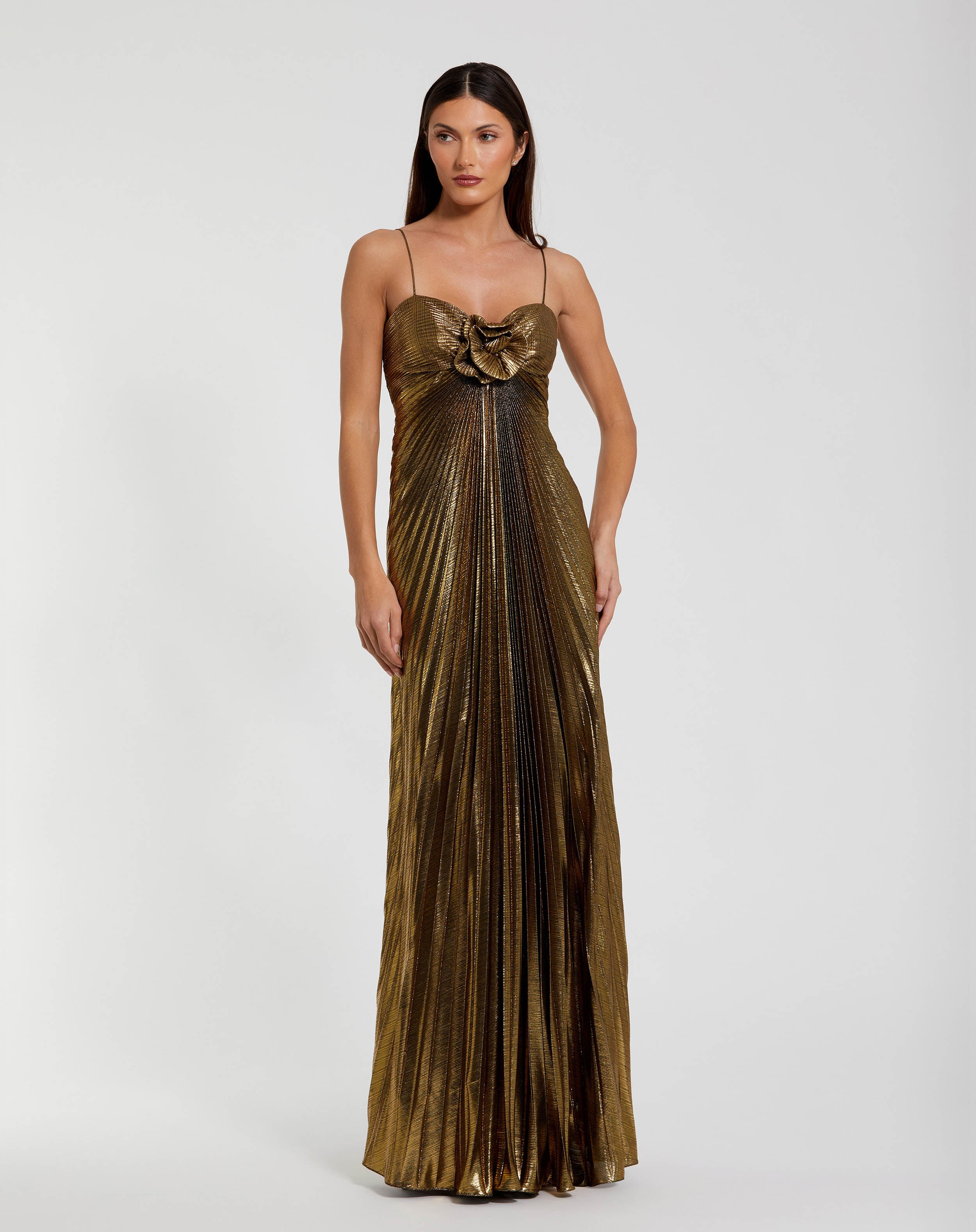 Thin Strap Pleated Metallic Maxi Gown with 3D Flower Antique Gold