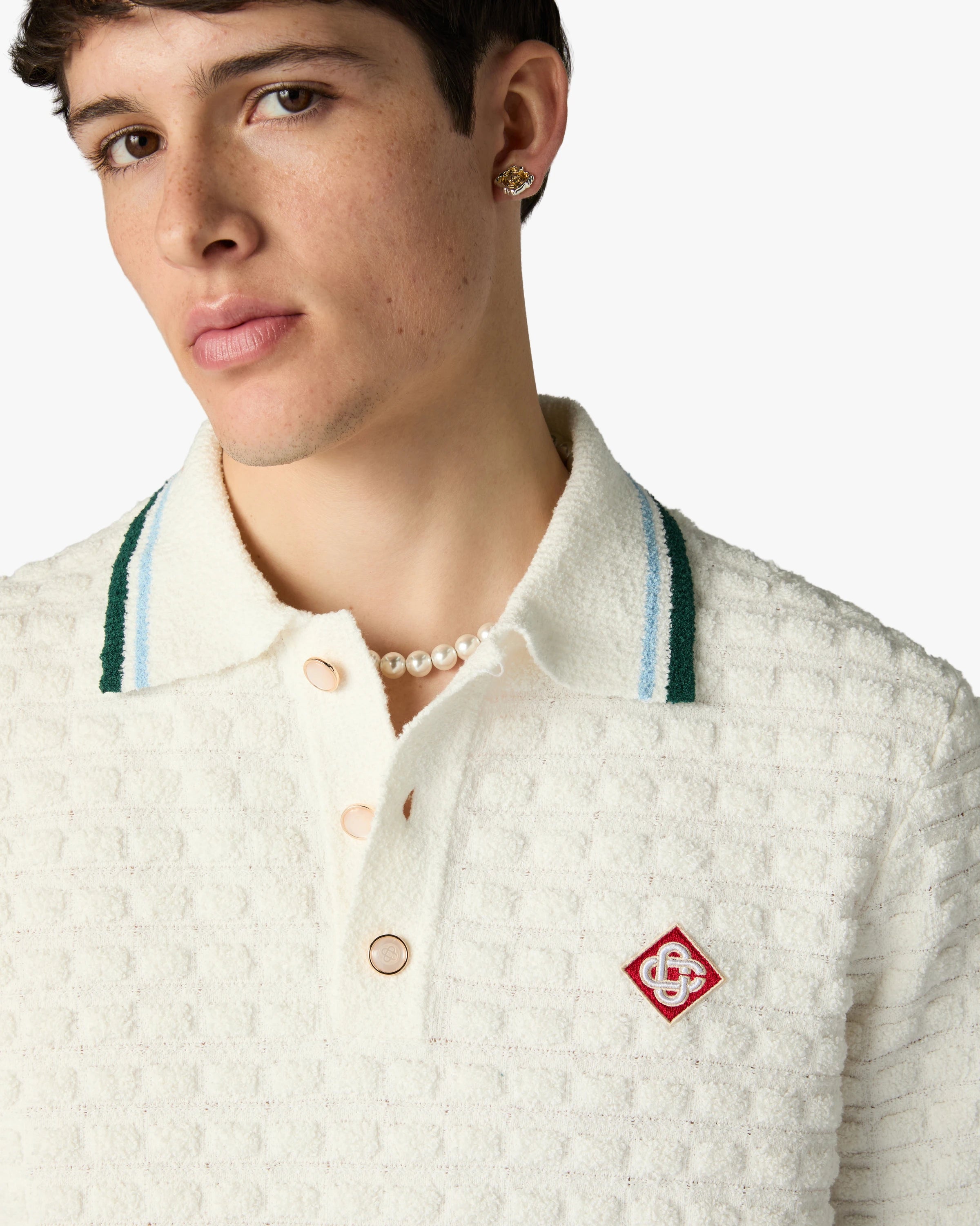 White Boucle Short Sleeve Polo Shirt