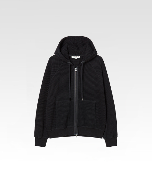 Leather Panel Waffle Zip-Up Hoodie Black