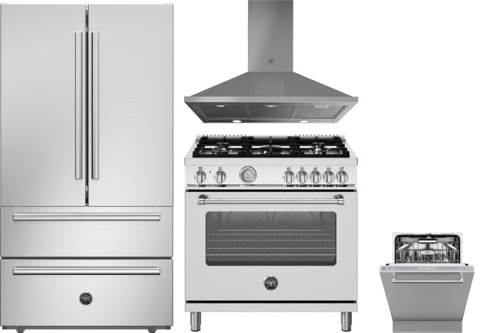 Bertazzoni 4 Piece Kitchen Appliances Package with French Door Refrigerator, Dual Fuel Range and Dishwasher in Stainless Steel BERERADWRH