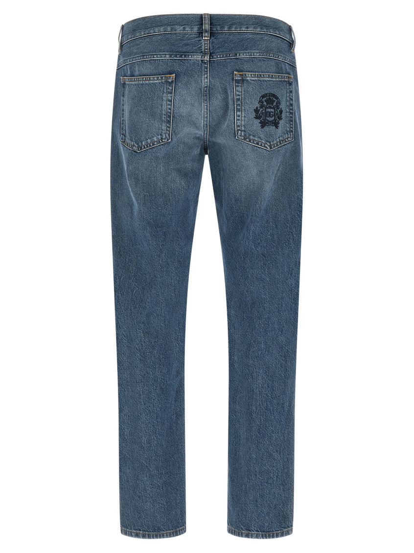 Blue Five-Pocket Jeans With Logo Embroidered On The Back In Denim Man