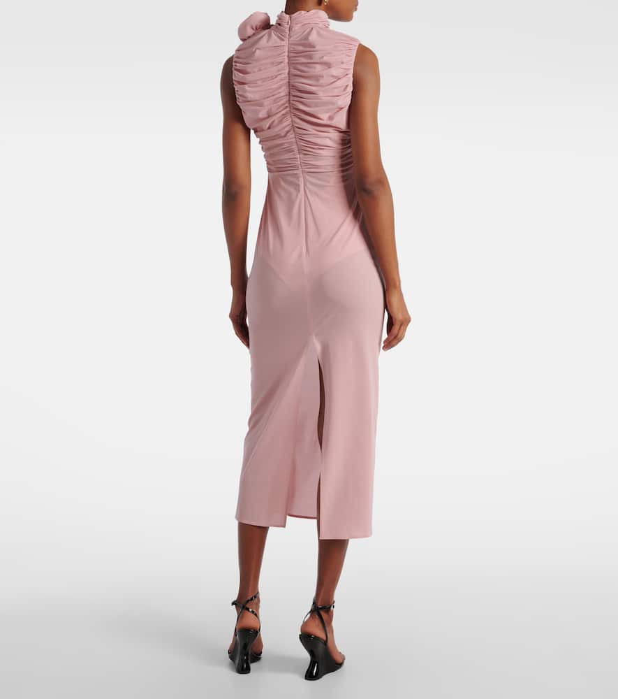 Floral-appliqué hooded silk-blend midi dress
