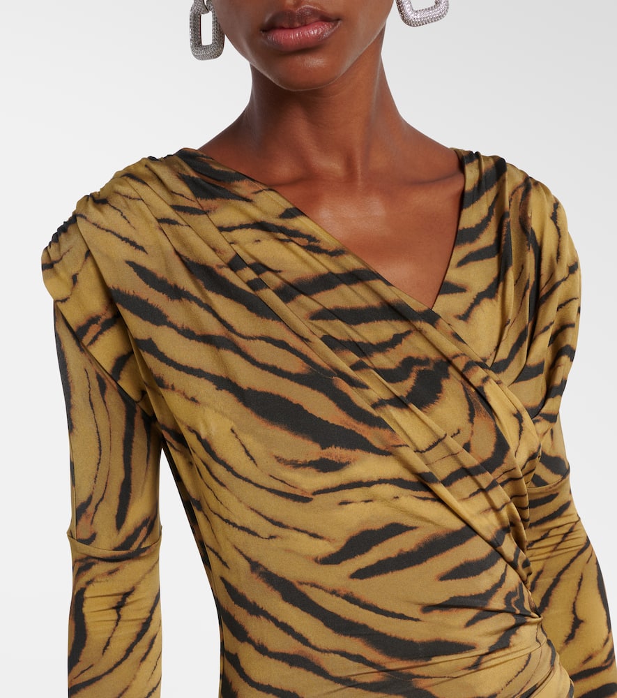 Asymmetric draped tiger-print maxi dress