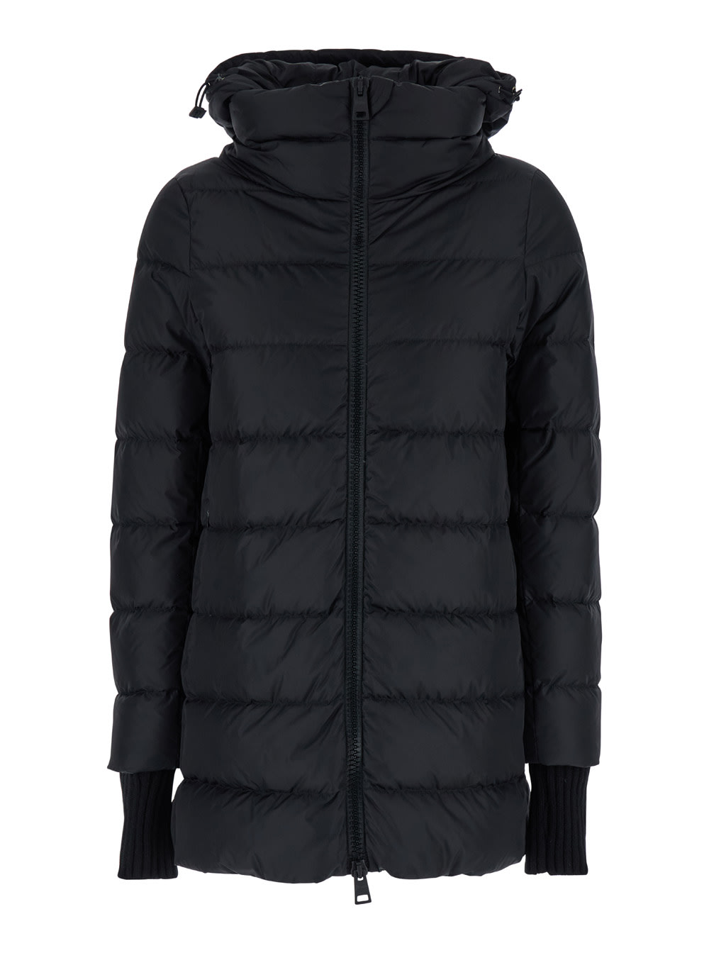 Long Black Down Jacket With Hood In Nylon Woman