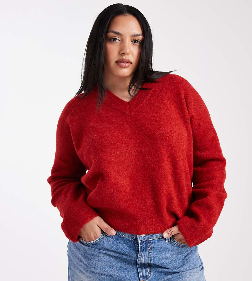 ASOS DESIGN Curve knit boxy v neck sweater in red