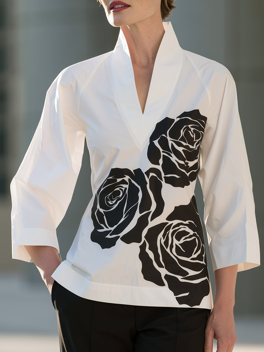 Rose Floral Print V-Neck Blouse - White