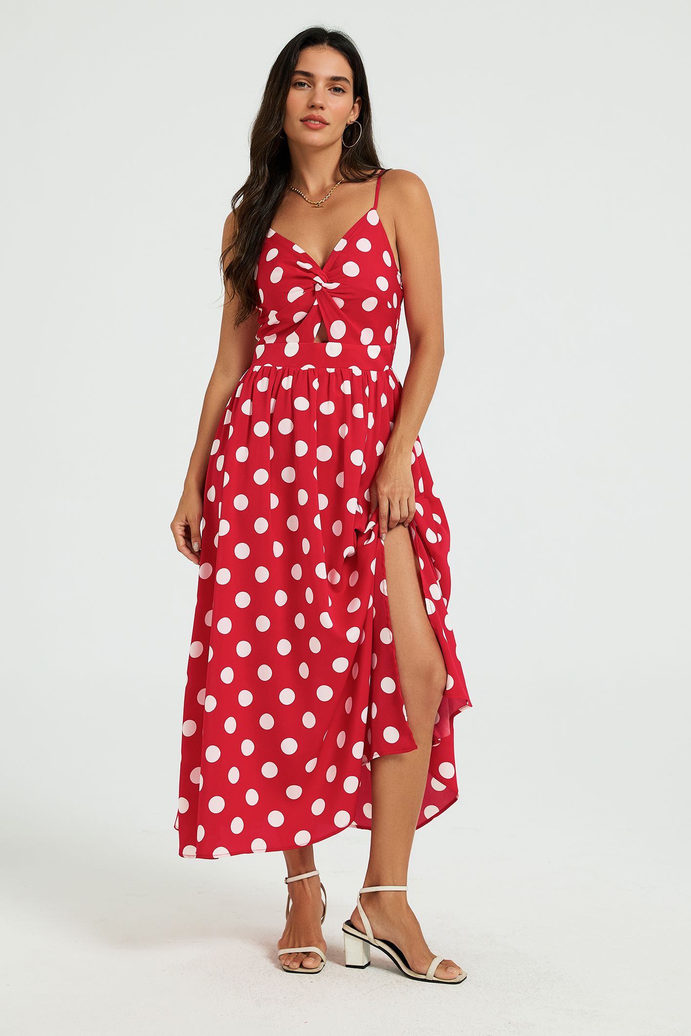 FS Collection Women's Polka Dot Twist Front Strappy Midi Dress in Red