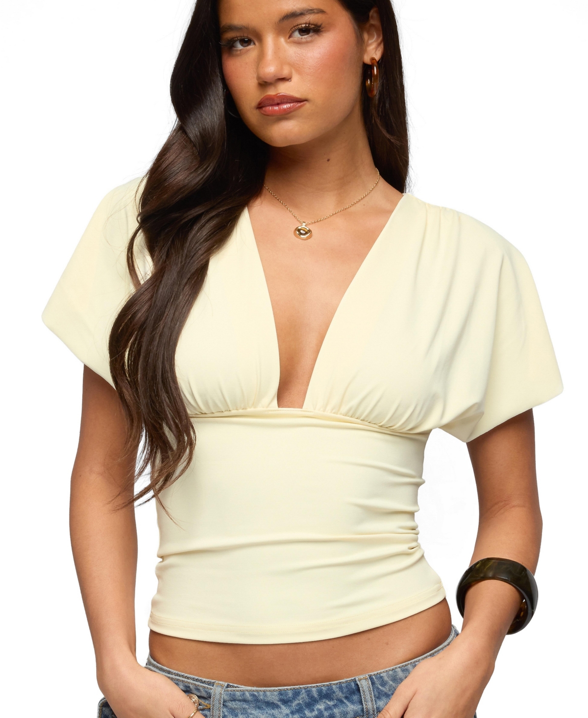 Womens Flutter Plunging V Neck Top - Light-yellow