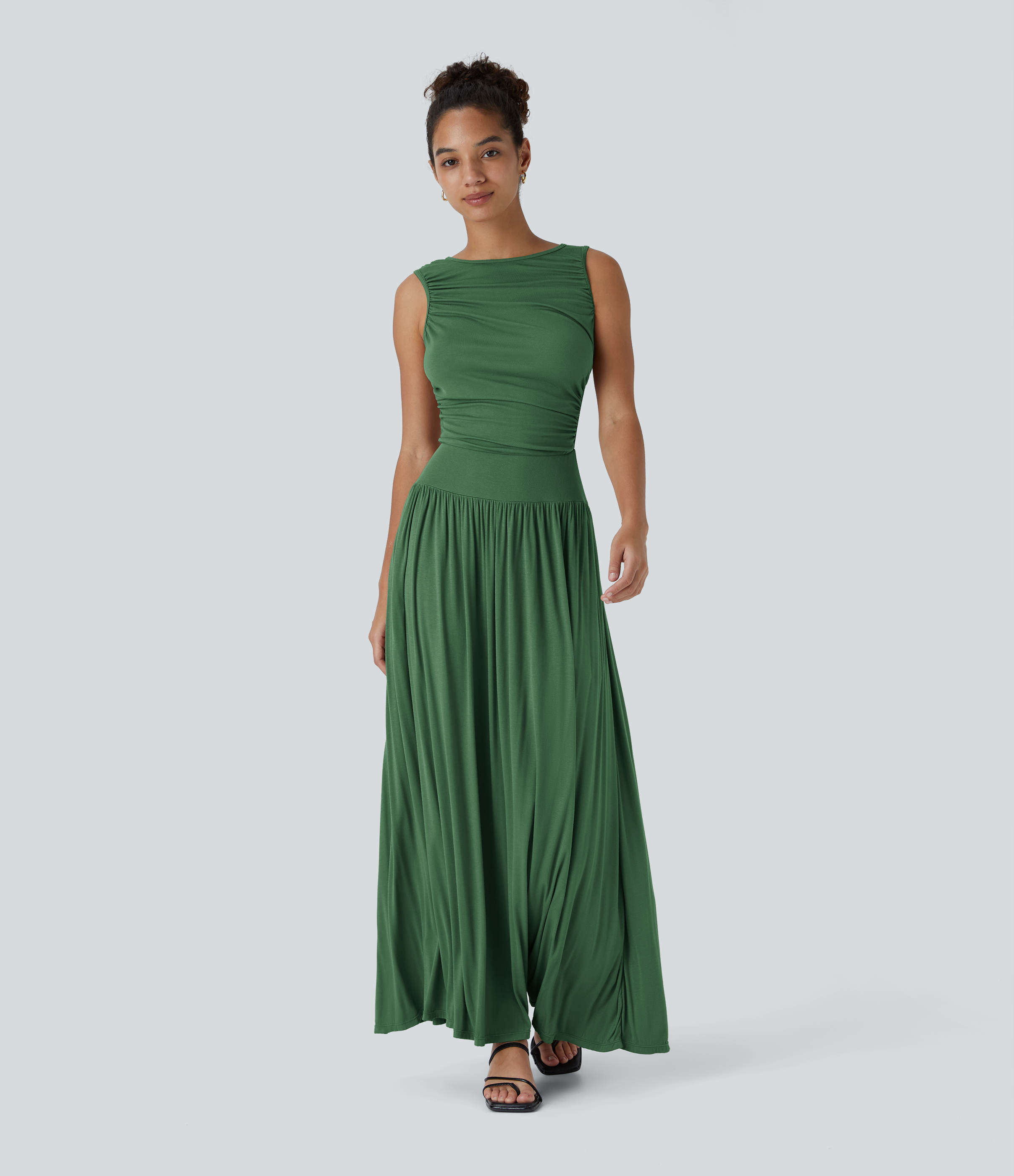 Ribbed Boat Neck Asymmetric Strap Ruched Pocket Flowy Maxi Casual Dress Casual Dress - Dark Verdant Green