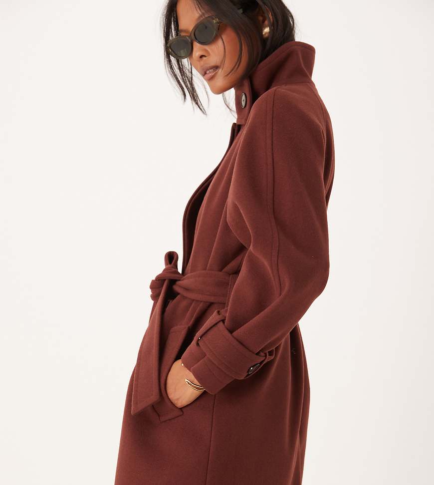 ASOS DESIGN Petite funnel neck longline coat in mocha-Black