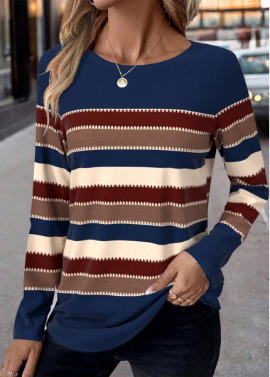 Modlily Blue Patchwork Striped Long Sleeve Round Neck T Shirt