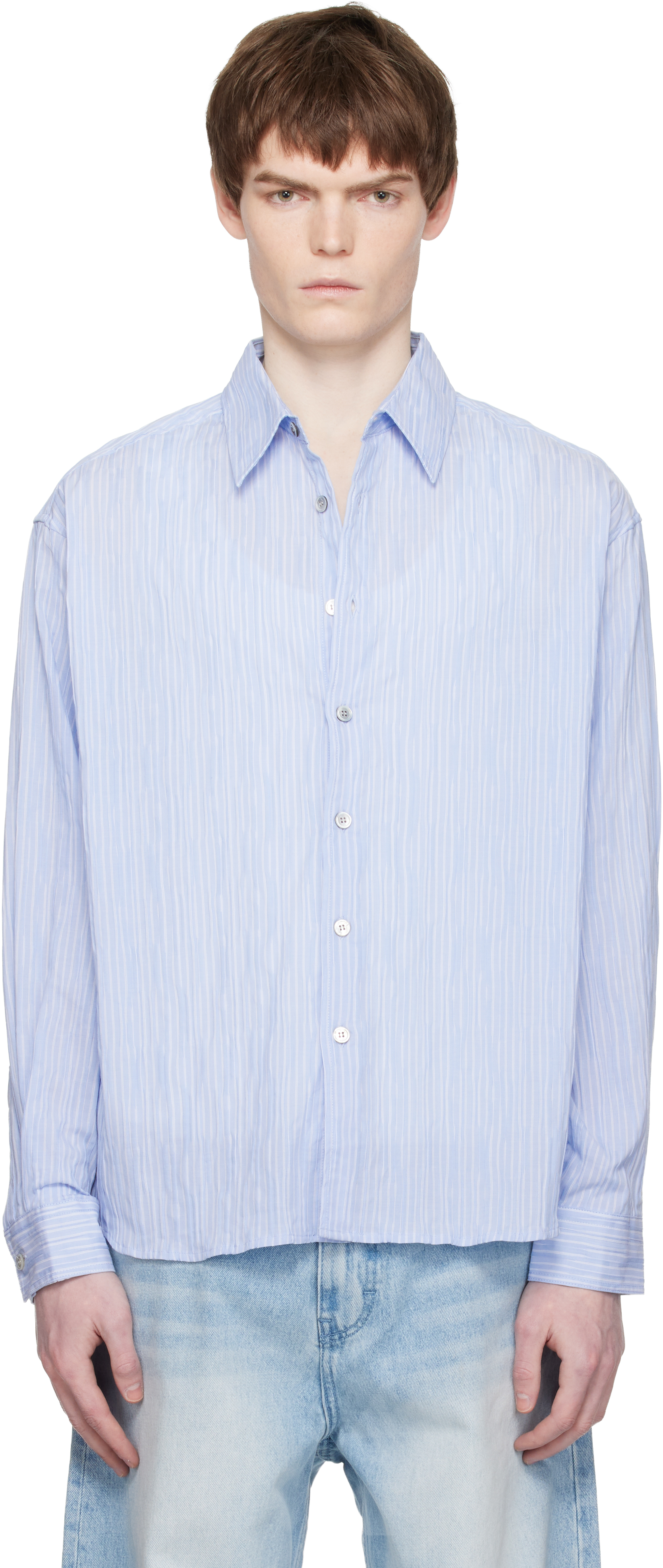 Blue Semi-Overfit Wrinkle Stripe Shirt