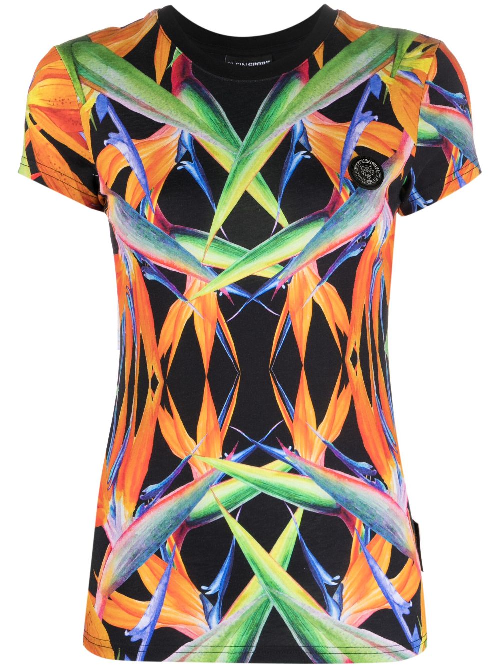 Floral-print short-sleeved cotton T-shirt - Black