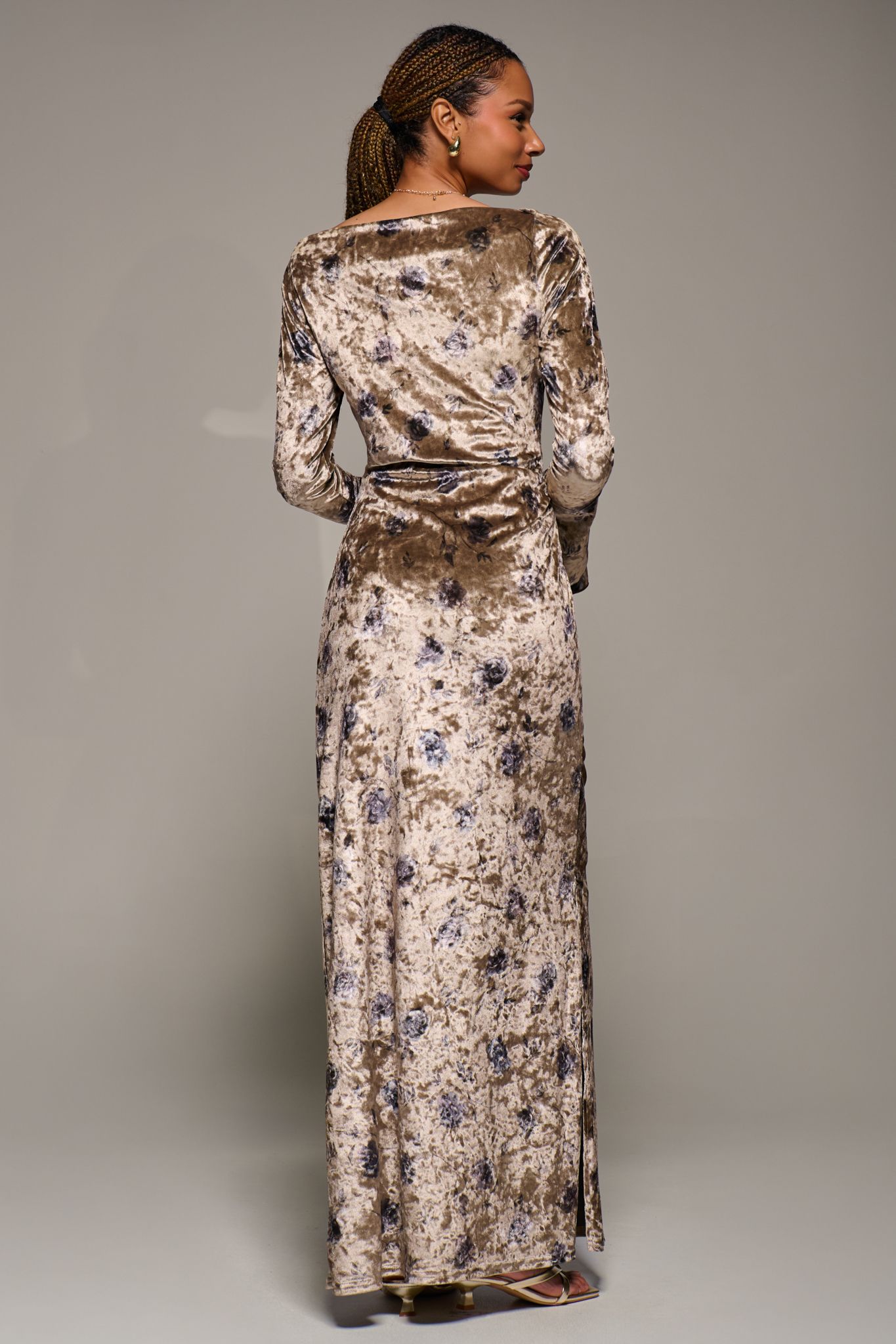 Jolie Moi Women's Ruffle Sleeve Boat Neck Velvet Maxi Dress in Gold