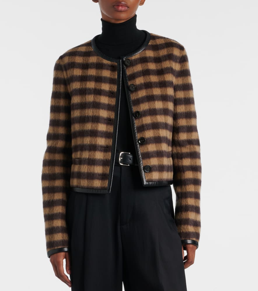 Checked leather-trimmed wool-blend jacket