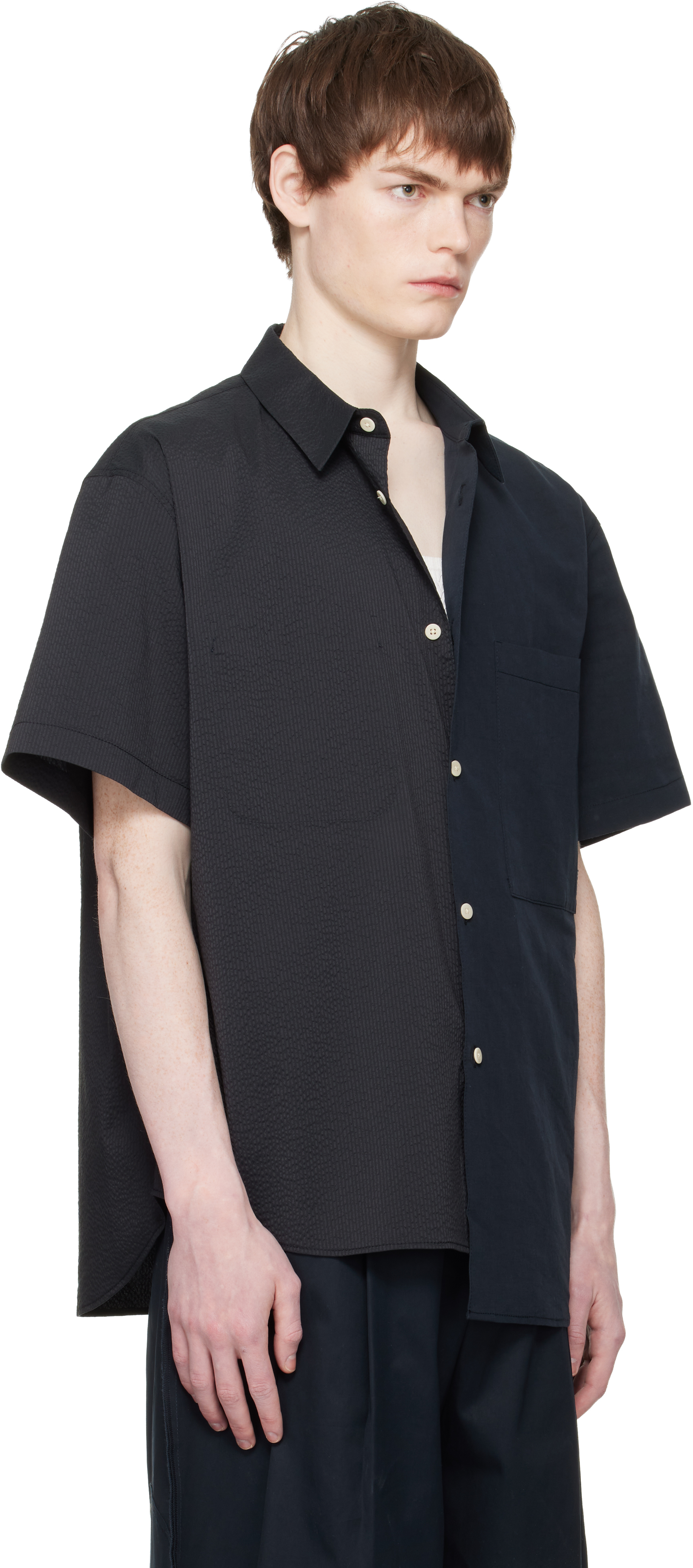 Navy Split Short Sleeve Seersucker Shirt