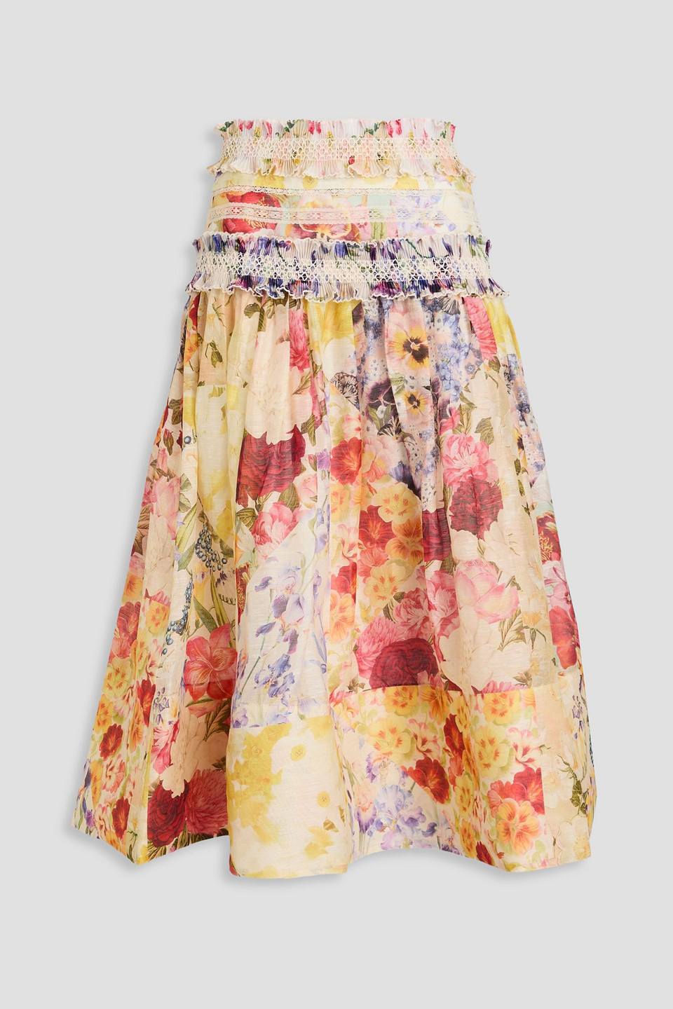 Ruffled floral-print linen and silk-blend gauze midi skirt