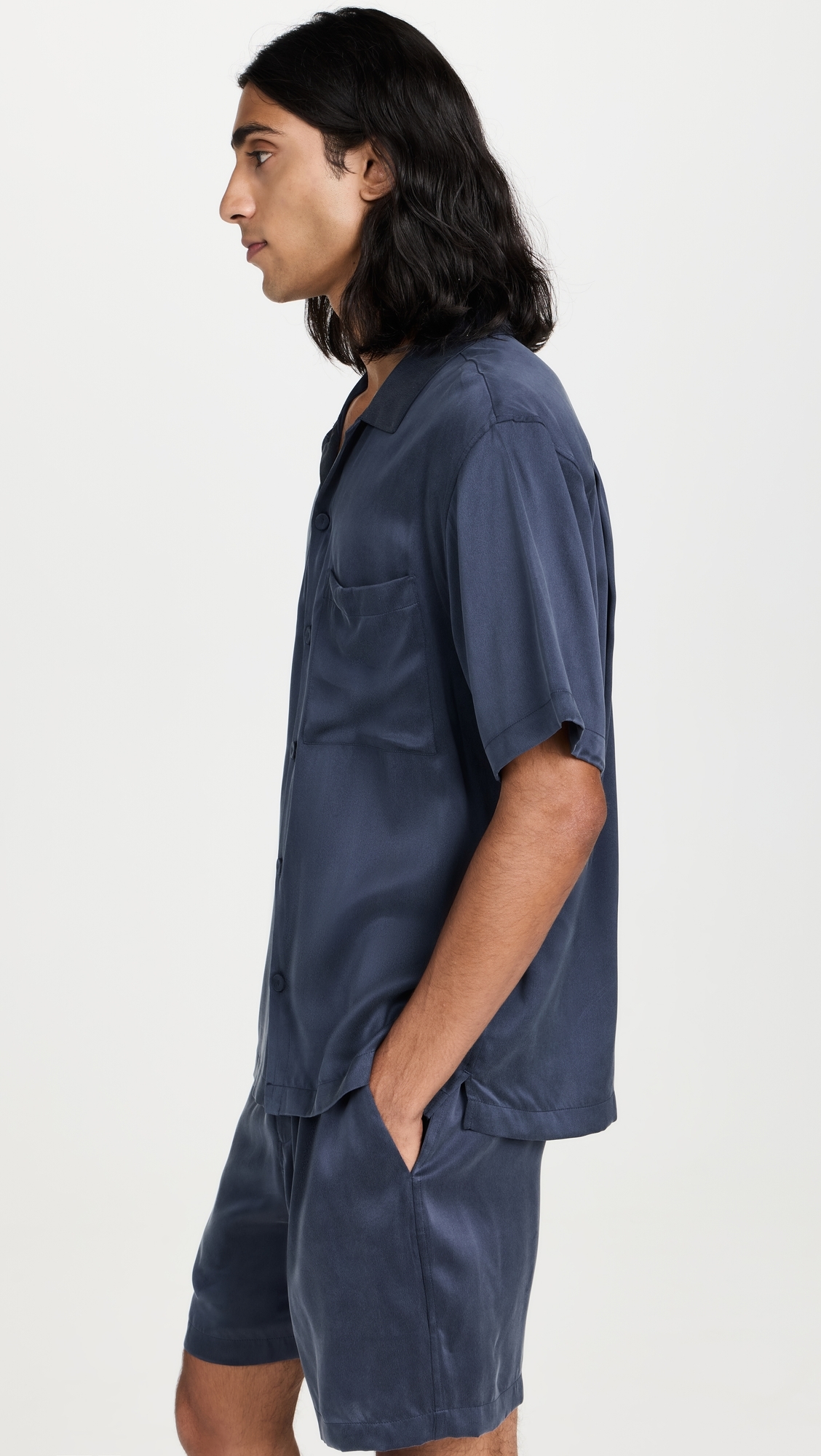 Washable Silk Button Up Short PJ Set Deep Blue