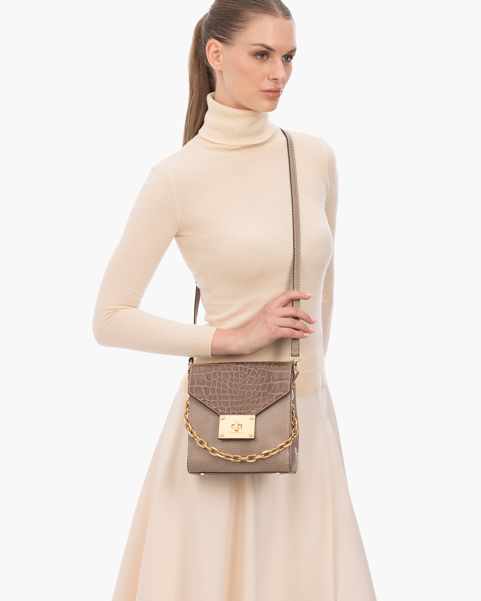 Livia Embossed Calf Leather Crossbody Bag for Women - Black, Detachable Chain Top Handle, Adjustable Strap