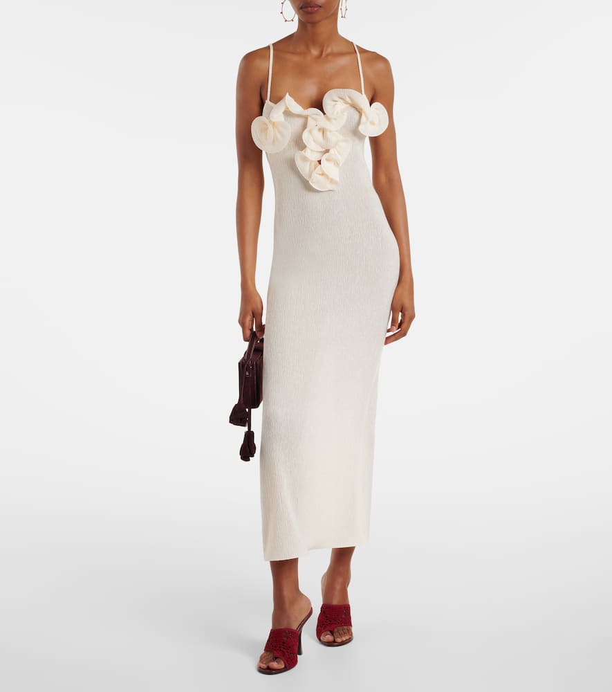 Floral-appliqué crêpe midi dress