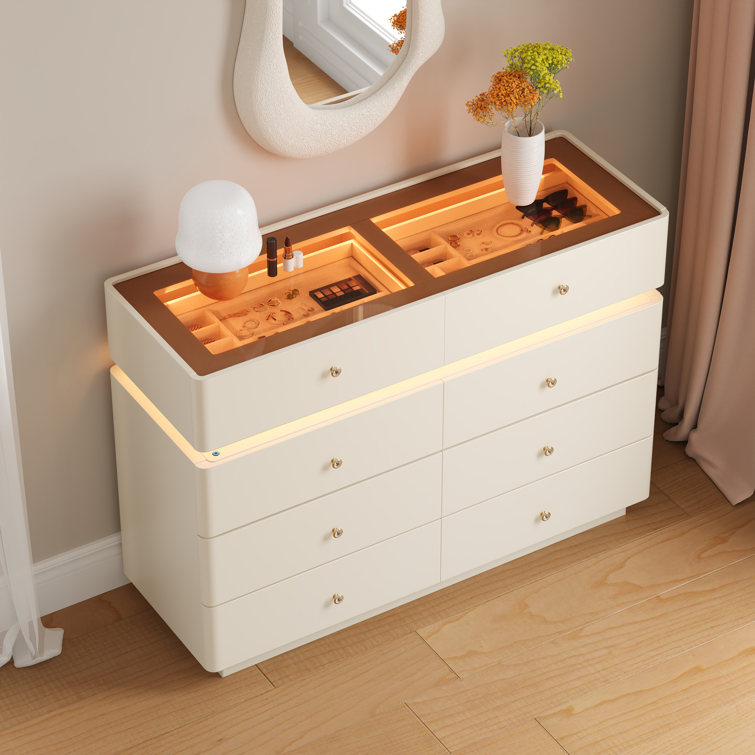 Modern 47" Tempered Glass Top 8-Drawer White Dresser with LED & Jewelry Tray