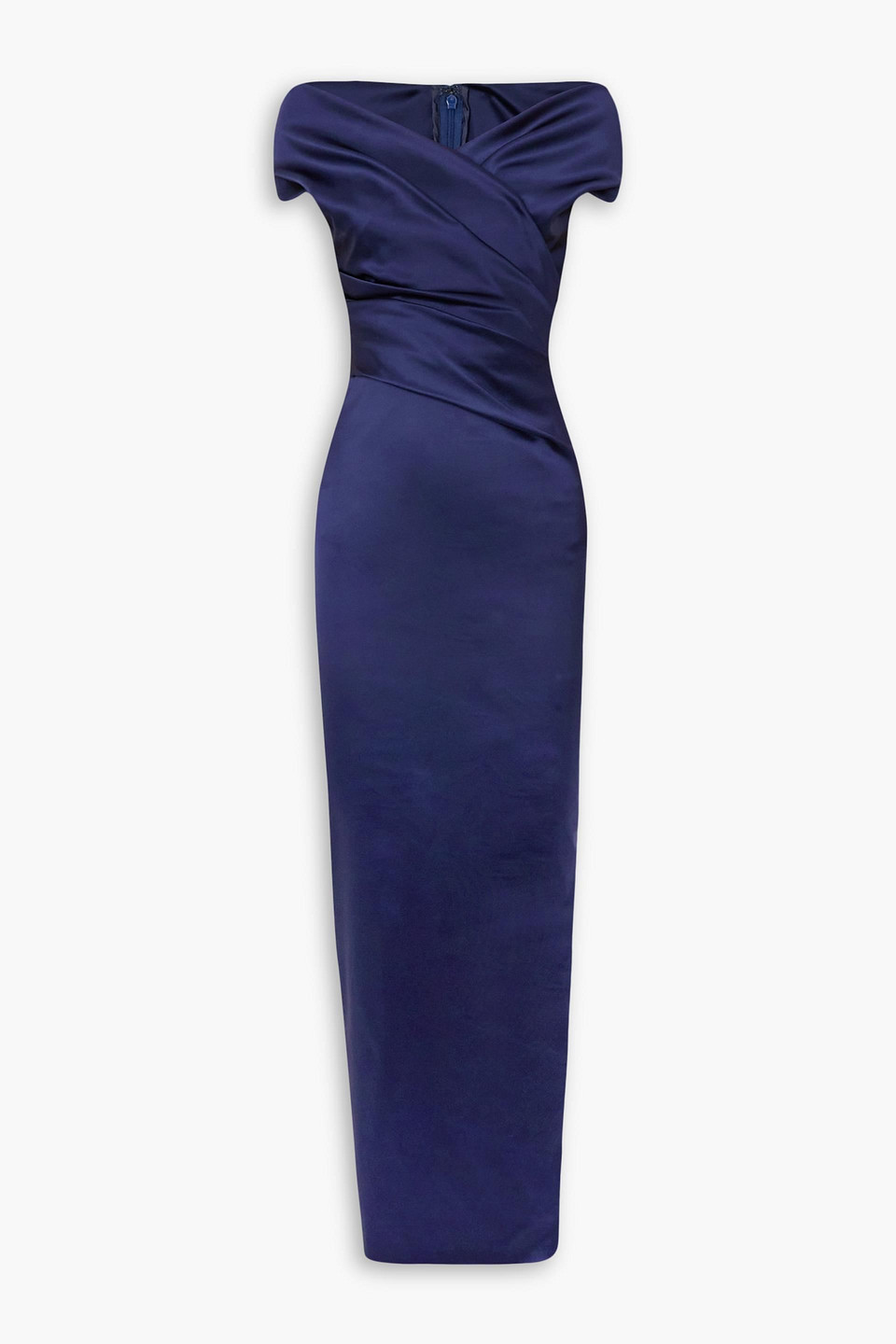 Off-the-shoulder ruched wrap-effect satin gown