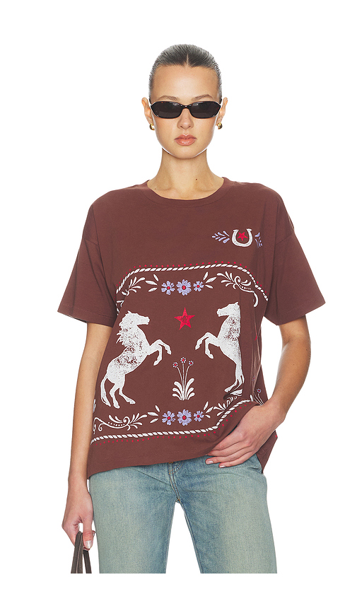 DAYDREAMER Floral Horse Patter Merch Tee in Brown. L. Also in M, S
