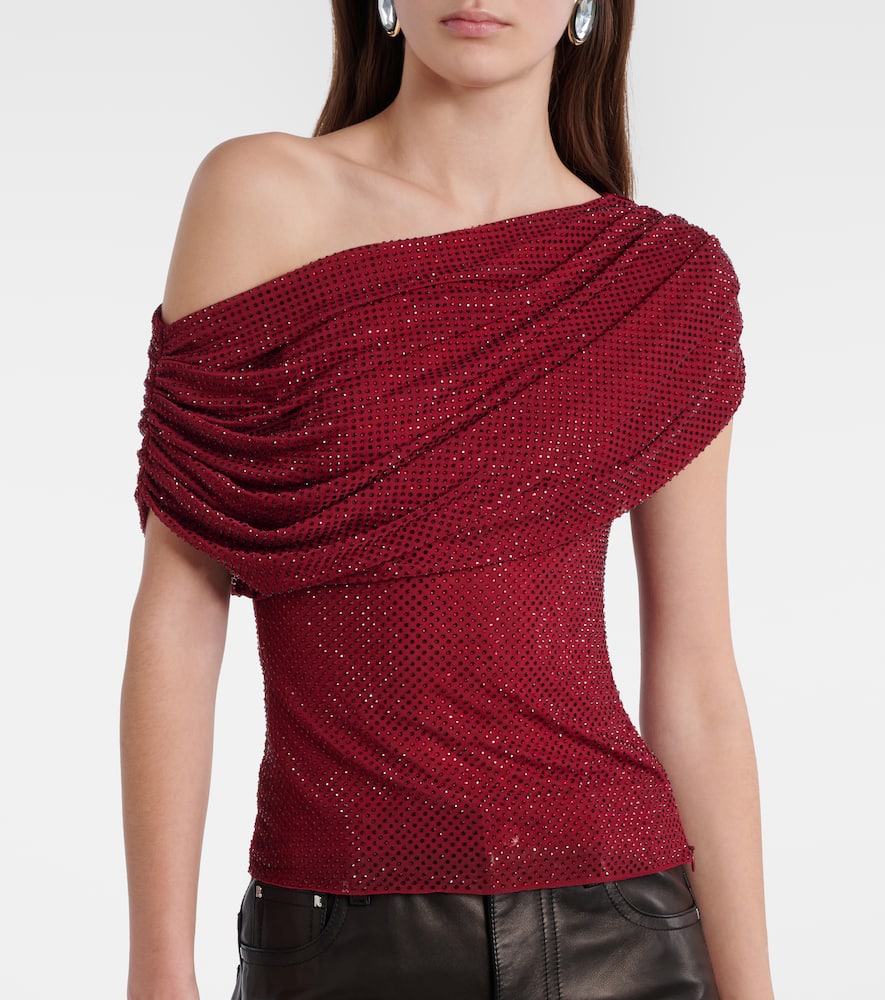 Draped embellished mesh top