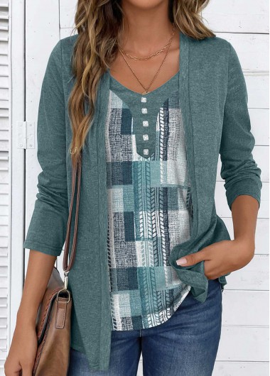Modlily Sage Green Fake 2in1 Geometric Print T Shirt