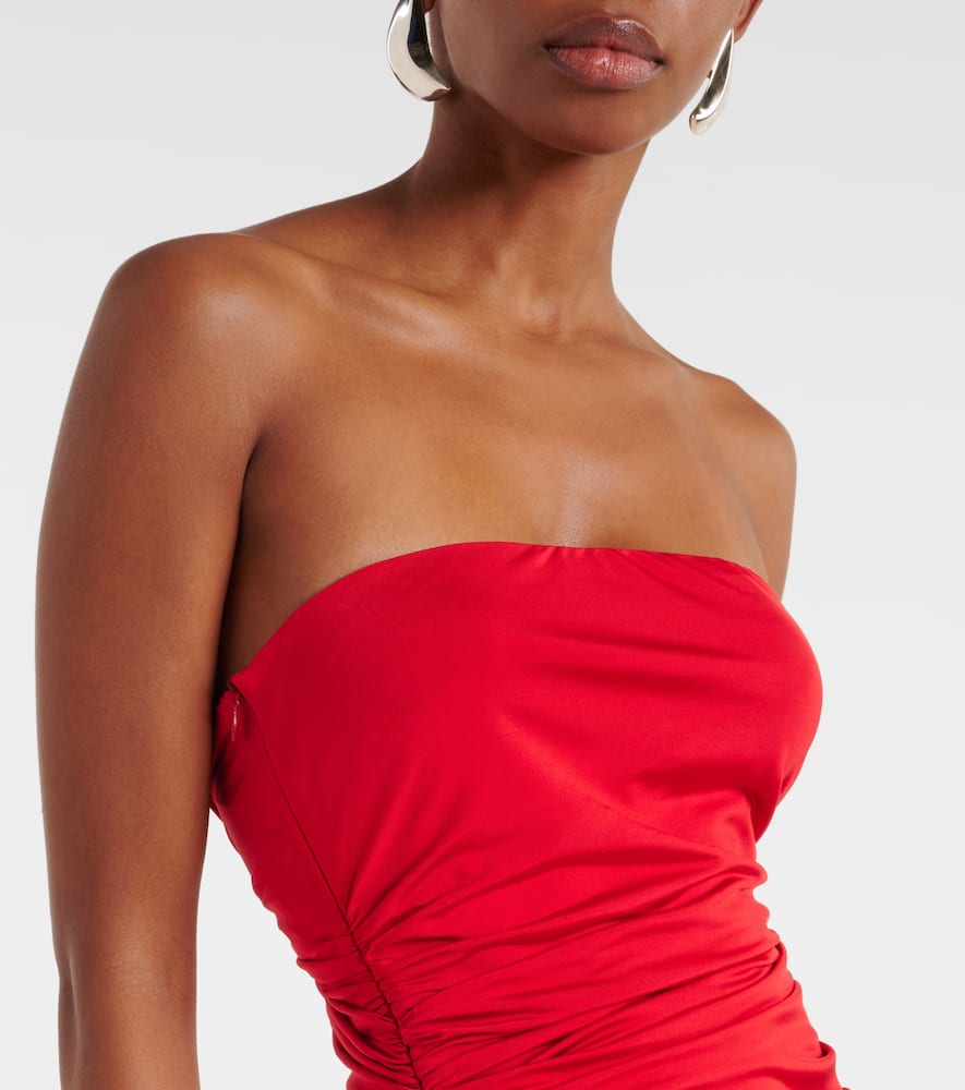 Floral-appliqué ruched jersey maxi dress