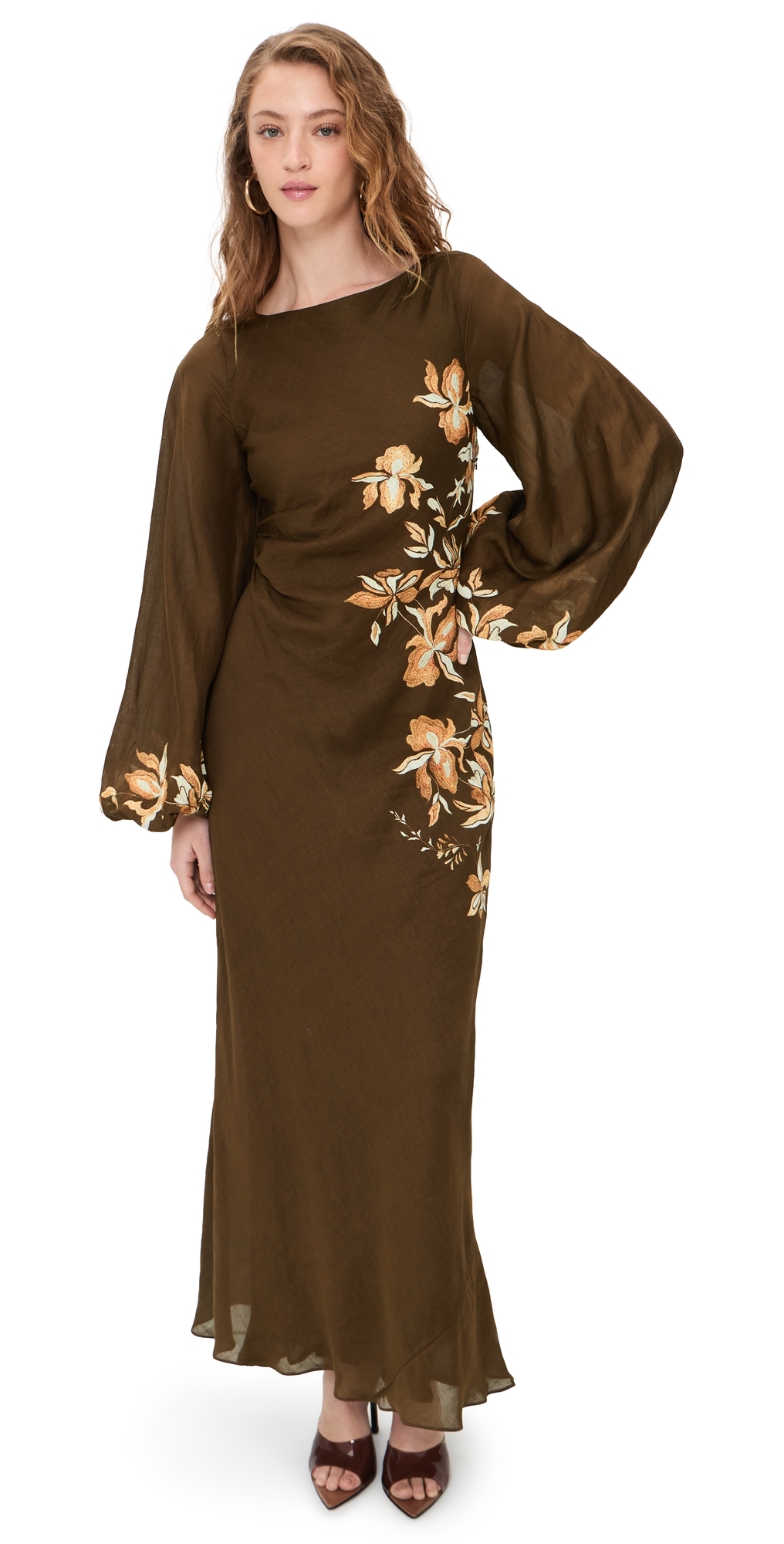 Boat Neck Long Dress Brown