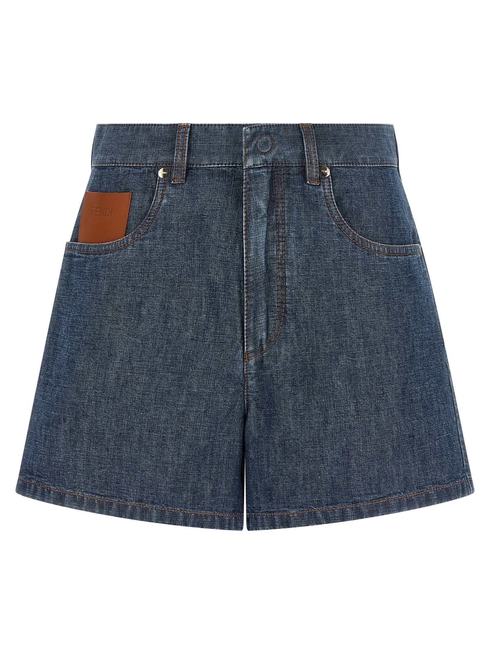 Leather-Patch Denim Bermuda Shorts — Blue