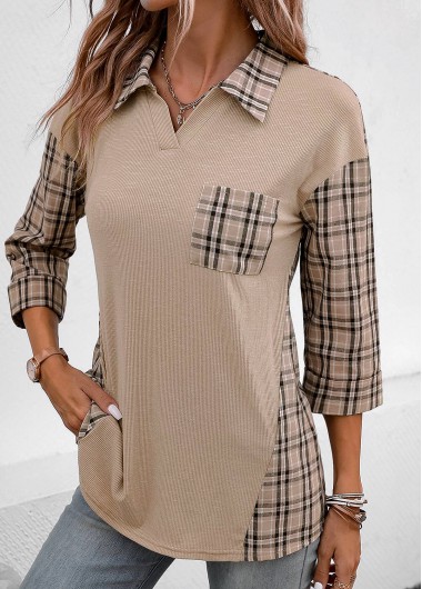 Modlily Patchwork Plaid Three Quarter Length Sleeve Blouse
