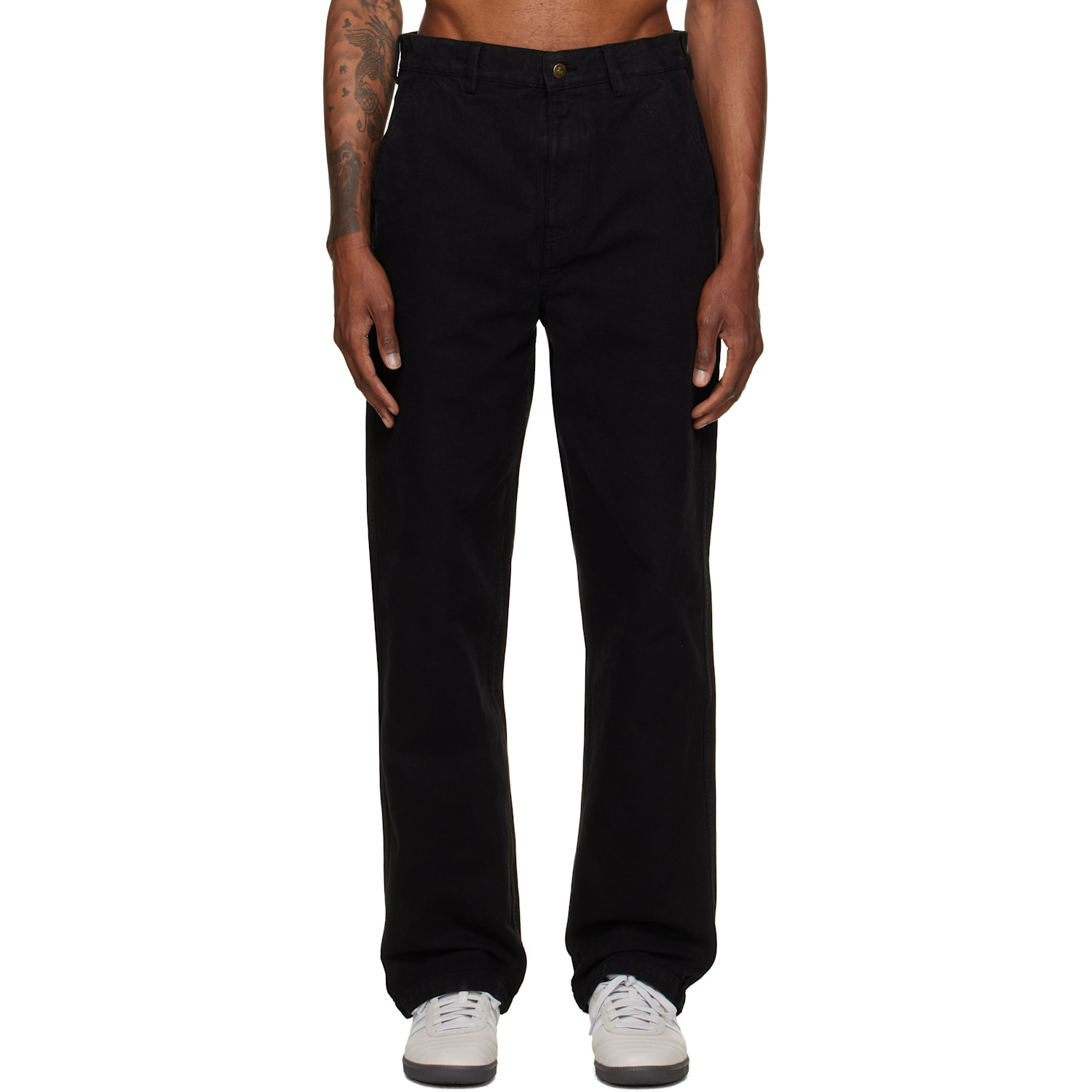 Black Cotton Canvas Straight Leg Trousers