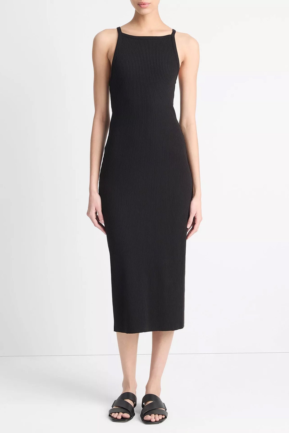 Cotton-Blend Ribbed High-Neck Tank Dress in Black